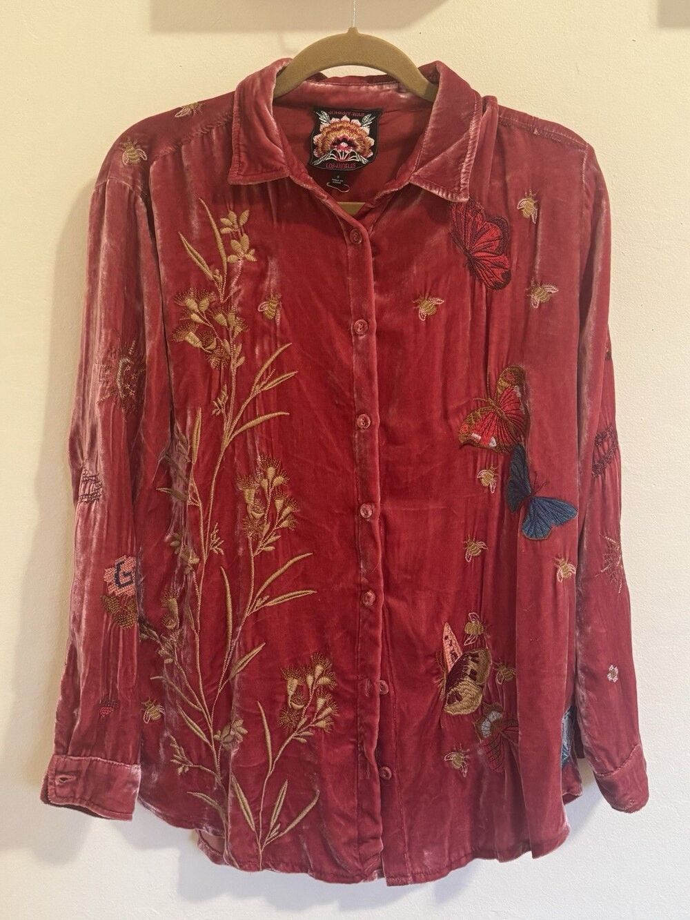 Johnny Was Silk Velvet Embroidered Butterfly & Bee Blouse Rose Pink Small